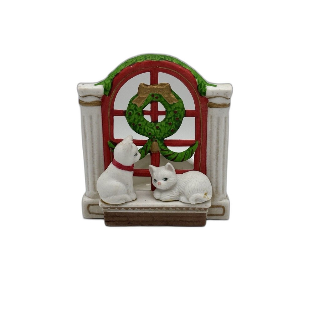 Vintage Waiting for Santa porcelain kittens Votive Candle Holder Wreath